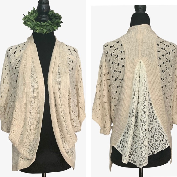 The Cue Cher Qu Natural Beige Crochet Knit Lace Inset Cotton Sweater Shrug SZ S - Picture 1 of 11